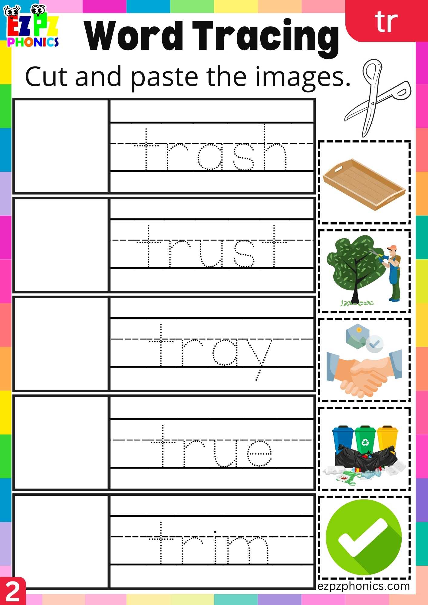 Group2 TR Words Cut And Paste The Images Phonics Consonant Blends Worksheet